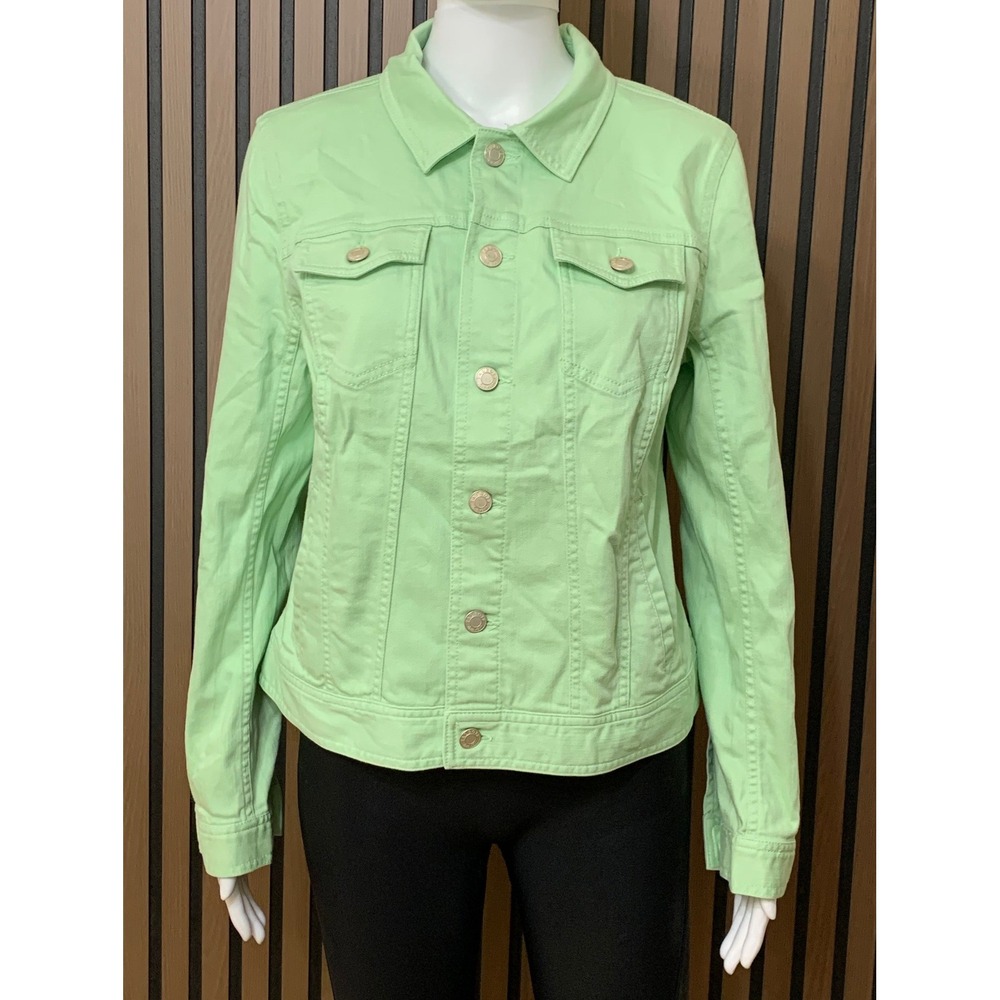 Talbots Women's Mint Green Denim Trucker Jacket Size M Stretch Cotton Classic
